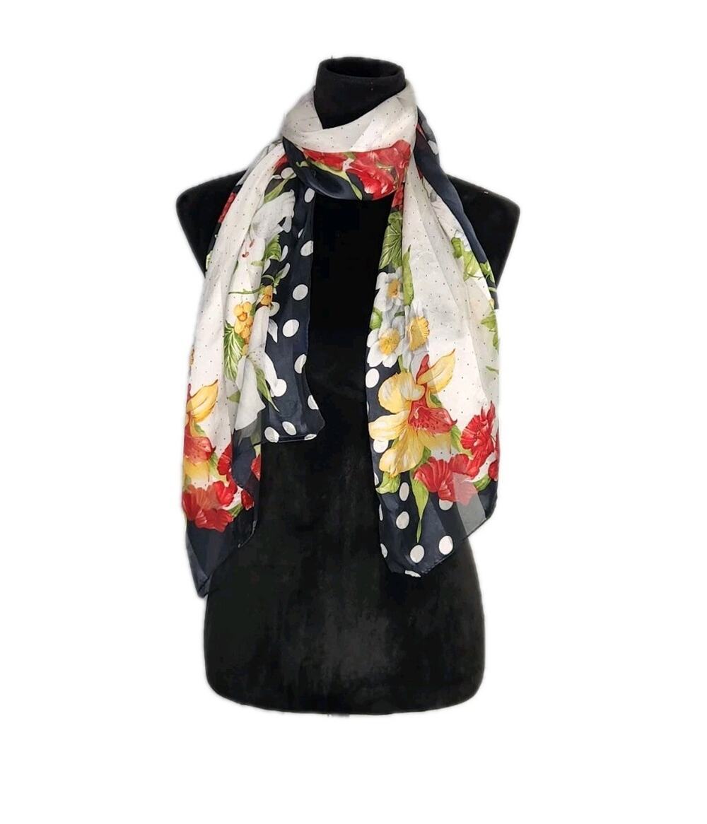 Charter Club Vintage Floral Polka Dots Rectangle Scarf 100% Silk 15 x 60 inches